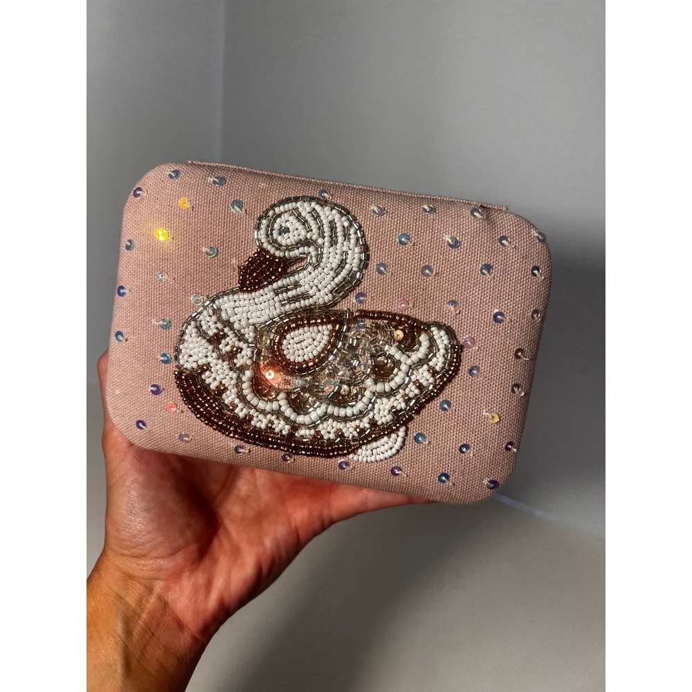 Handcrafted Beaded Swan Jewelry Box Pink Sequin Travel Case Made in India